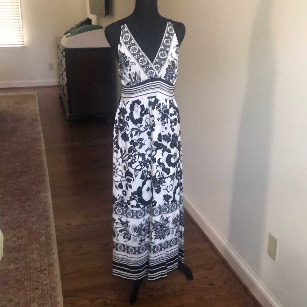 Black and white silk floral Hale Bob maxi dress, size L